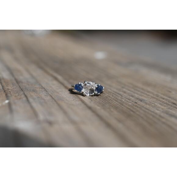 Engagement ring Burmese Sapphire and Lake County Diamond Sterling Silver Ring - Picture 2 of 5